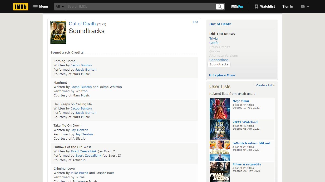 Out of Death (2021) - Soundtracks - IMDb